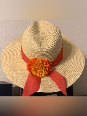 Vince Camuto Natural Straw Hat with Coral Band and Orange Flower